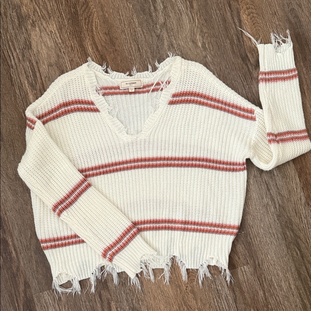 V-Neck Frayed Hem Sweater - Cream with pink, orange, purple stripes